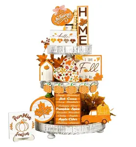 Amyhill 15 Pcs Fall Tiered Tray Decor Set Autumn Thanksgiving Tiered Tray Decor Rustic Pumpkin Maple Leaf Truck Table Centerpieces Harvest Wood Blocks Signs for Home Fall Decorations Smooth Wooden