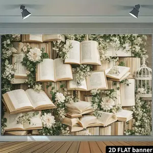 2D Vintage Book-Themed Backdrop with Floating Books & Floral - Thick Non-Fading Fabric Suitable for Photography Background, Live Stream Studio Decor, Bookshelf Wall Hanging for Home, Weddings, Birthdays, Indoor/Outdoor Use, 2D Flat