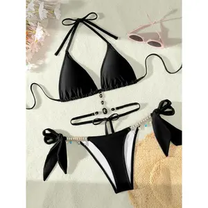 Women's Halter Tie Back Triangle Bra; Ring Linked Panty Bikini Set, Sexy Trendy Summer Swimsuit Set, Ladies Swimwear Rave Outfits