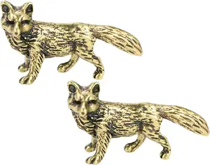 2pcs Mini Fox Figurine Tiny Brass Animal Figure Fengshui Wealth Statue Vintage Animal Sculpture for Home Office Tea Table Decor Golden Metal Ornament - Decoration