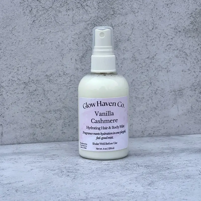 Glow Haven Co. Vanilla Crumble Hydrating Body Mist - Warm Sugar Cookie Scent - Long Lasting Sweet Fragrance - 4 oz Bottle for Body Hair & Clothes