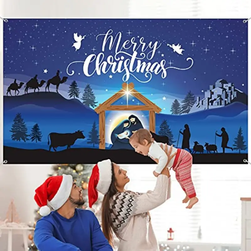 Christmas Party Photography Backdrop Banner, Blue Large Background for Festive Photoshoots, 2D Flat Design Christmas Decoration