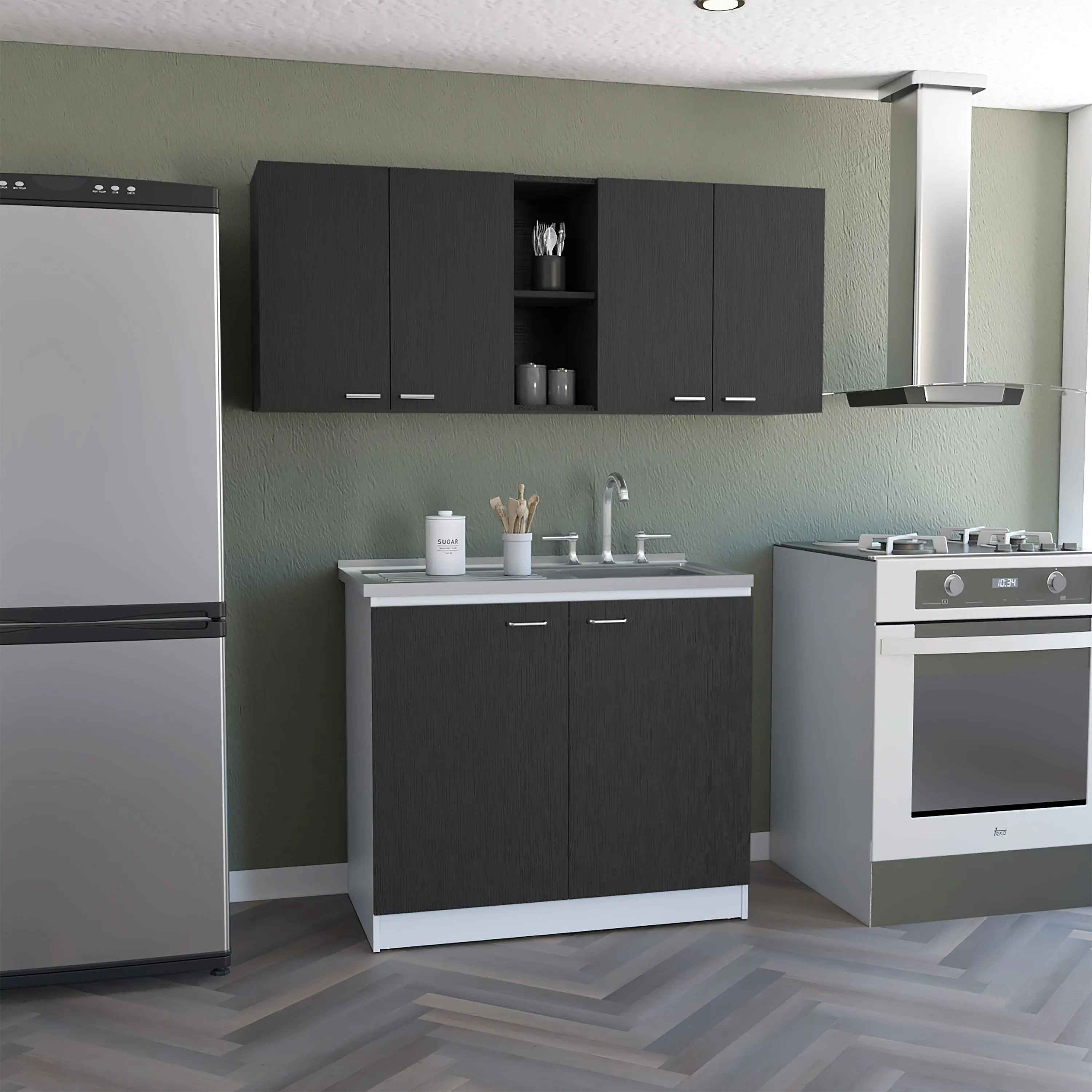 Dreamzon Furniture Wood Kitchen Storage Cabinet Set - 150 Wall Mount Cabinet, Utility Sink, Minimal Interior Organization Design, Durable Black/White, Assembly Required