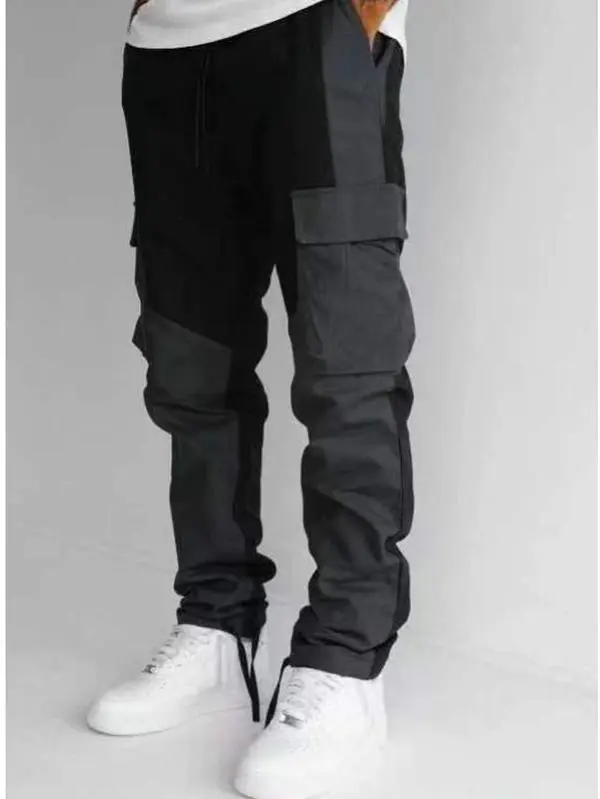 Men's Asian Streetwear Stitched-Panel Cargo Pants, Mid Waist Straight-Leg Multi-Pocket Utility Trousers for Daily Wear, Fabric, Plain, Casual, Menswear