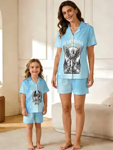 Harmony Angel Print Parent-Child Pajamas, Cool Blue Tone, Mother-Daughter Matching Sleepwear, Stylish and Trendy Design