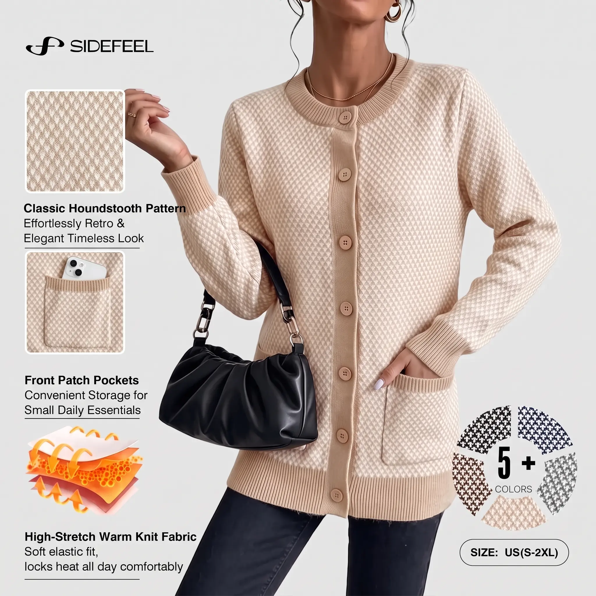 Sidefeel Women's Houndstooth Cardigan Sweaters | Button Down, Long Sleeve, Front Patch Pockets, High‑Stretch Warm Knit, Classic Houndstooth Pattern, Relaxed Fit, Fall and Winter Outerwear