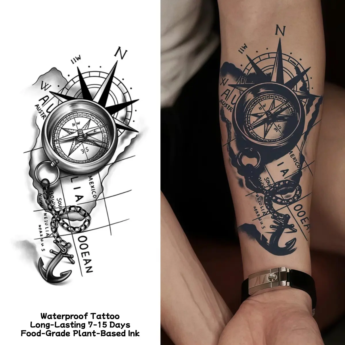 Revolutionary Technology Tattoo, Semi-Permanent, Compass, Anchor, Animated Tattoo, Temporary Tattoo, Fake Tattoo, Waterproof, Authentic Tattoo Appearance, Plant Tatto, Tattoo Stickers, Temp Tattoos, Ephemeral Tattoos, Body Fake Tattoos