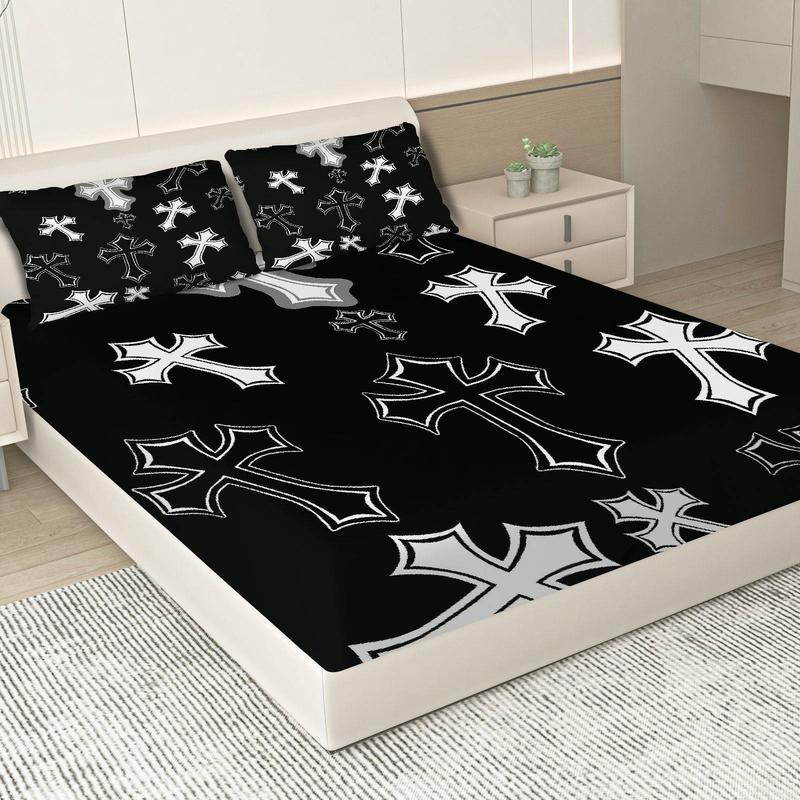 3Pcs Gothic Cross Black Fitted Sheet Three Piece Set (1*Fitted Sheet+2*Pillowcases, Coreless), Halloween theme, Cross Pattern Bedding Set, Mattress Protector Soft, Breathable