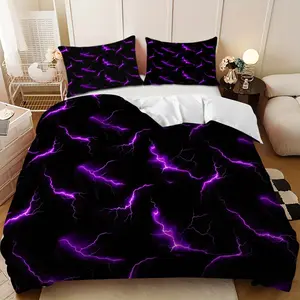 3-piece bedding set - Purple and black lightning geometric pattern down comforter set (1 comforter cover + 2 pillowcases, filling not included). A perfect gift for family and friends, soft and comfortable, suitable for family bedrooms and guest rooms.