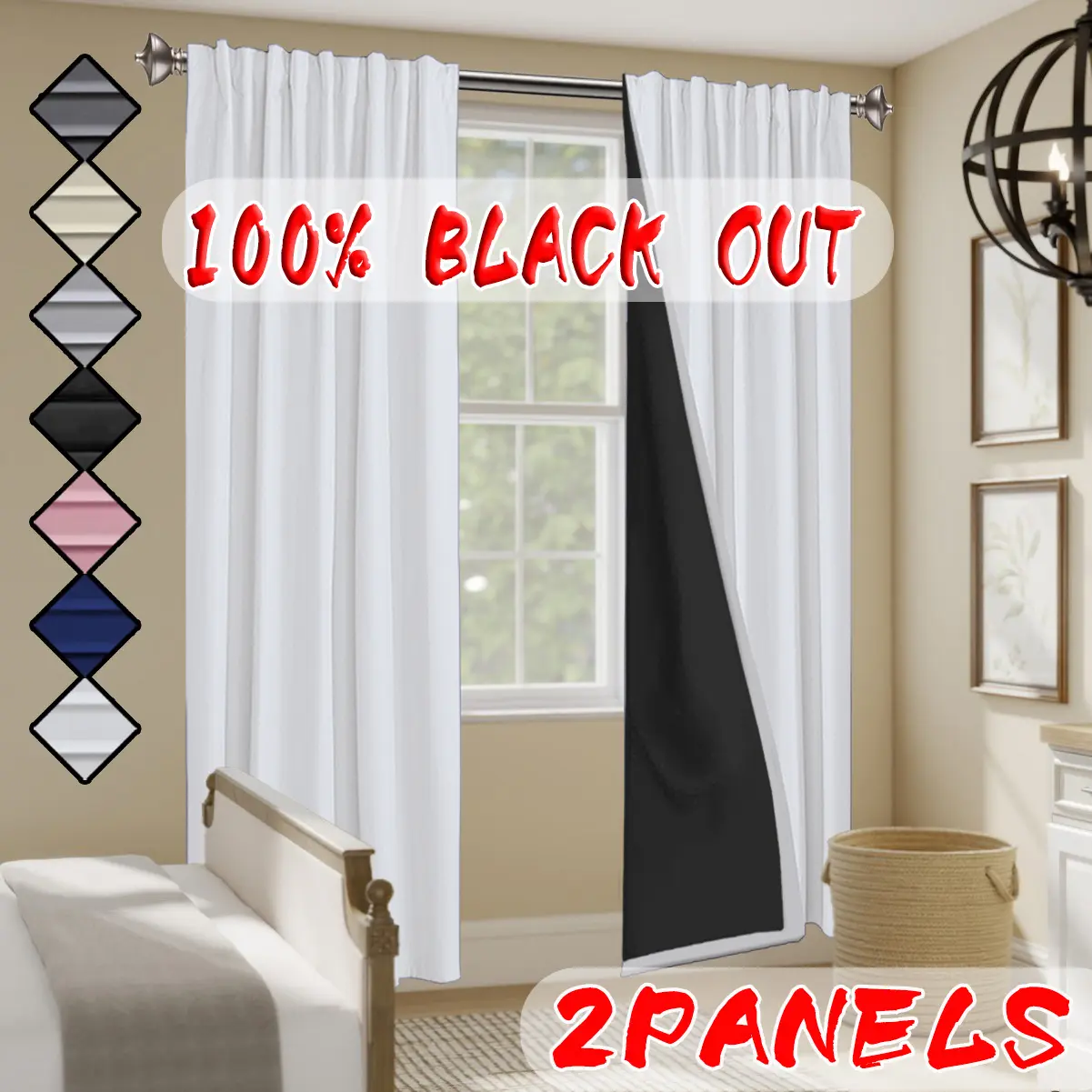 2 pieces, made of polyester, coated with film technology, 100% blackout, noise reduction and thermal insulation Window Curtains, Home decorative curtain, hanging through poles, suitable for decoration occasions such as bedrooms, living rooms, offices, etc