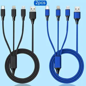 2 Pack 3 in 1 Fast Charging Cable for iPhone Type C and Micro USB Devices Nylon Braided Tangle Free Cable for iOS and Android Phones