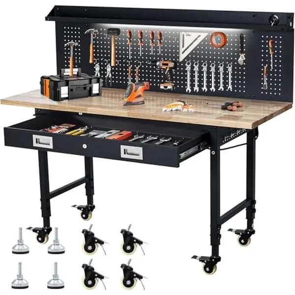 GARVEE 60" Adjustable Height Heavy-Duty Workbench, 2000Lbs Rubber Wood Top, Built-in Power Outlet, Spacious Tool Storage Drawer, 4 Lockable Wheels, Versatile for Garage, Workshop, Office & Commercial Use