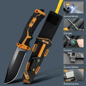The outdoor emergency multi-functional tool set includes camping survival equipment boxes such as adventure knives, fishing rods, first aid blankets, compasses, and flashlights