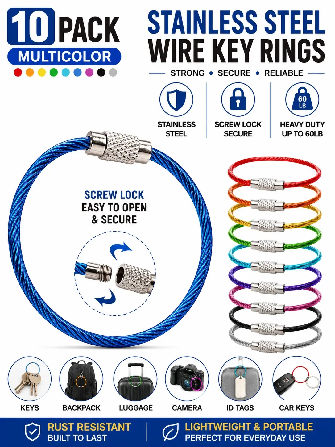 Stainless Steel Wire Key Rings 10 Pack Multicolor Screw Lock Cable Wire Keychains Heavy Duty Cable Loops for EDC Gear Keys Camera Luggage Tag Backpack Camping Travel Supplies