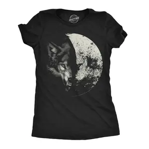 Womens Funny T Shirts Wolf Moon Cool Space Graphic Tee for Ladies Funny Womens T Shirts Cute Vintage Fashion Casual Ladies T-Shirt Gift Animal Tops for Women Funny Space Top Women's Novelty Tees Black -