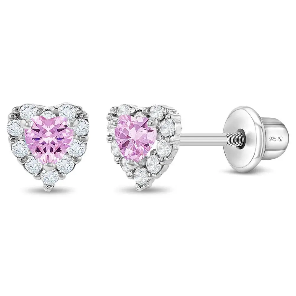 Princess Heart CZ Baby / Toddler / Kids Earrings Screw Back - Sterling Silver Princess Heart CZ Baby / Toddler / Kids Earrings Screw Back - Sterling Silver