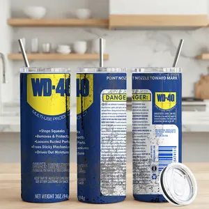 1 Pc 20oz Stainless Steel Insulated Tumbler, Double Wall Travel Cup with Lid, Retro Industrial Design Featuring a Distressed WD-40 Can Label, Product Uses, and Warning Text, Novelty Gift for Mechanics, Handymen, DIY Enthusiasts, Car Lovers