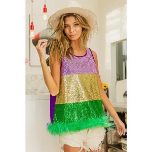 Mardi Gras Color Block Faux Feather Hem Sequin Top
