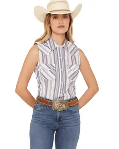 Wrangler Women's Retro Boot Barn Striped Sleeveless Pearl Snap Western Shirt - 112380678