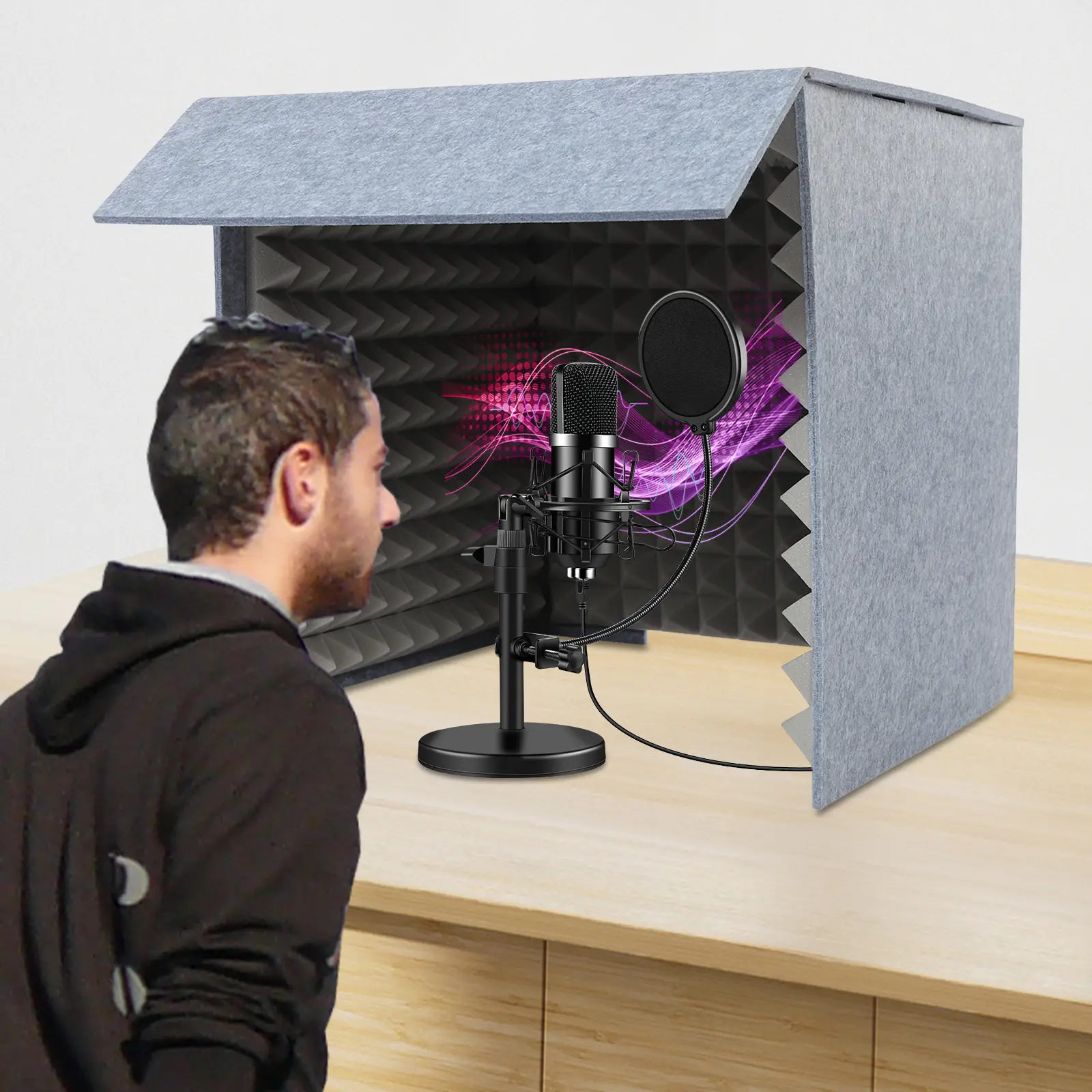 CNCEST 60x60cm Grey Folding Double-Layer Desktop Soundproof Booth, Portable Vocal Isolation Shield with Polyester Sponge for Podcasting, Home Studio Recording