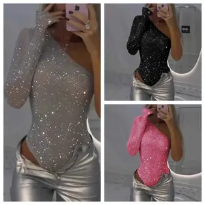 Fashion Sequins Hot Girl Bodysuit Women Sexy One Shoulder Tight Rhinestone Slim Fit Chic Bodysuit Lady Club Gala Sequin Top 2025