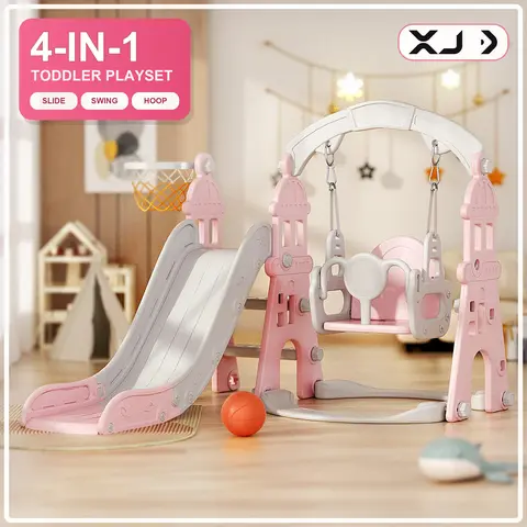 [XJD] 4-in-1 Toddler Slide and Swing Set with Basketball Hoop & Climbing Ladder, Indoor Outdoor Playset for Kids Ages 1+, Durable Active Play Center
