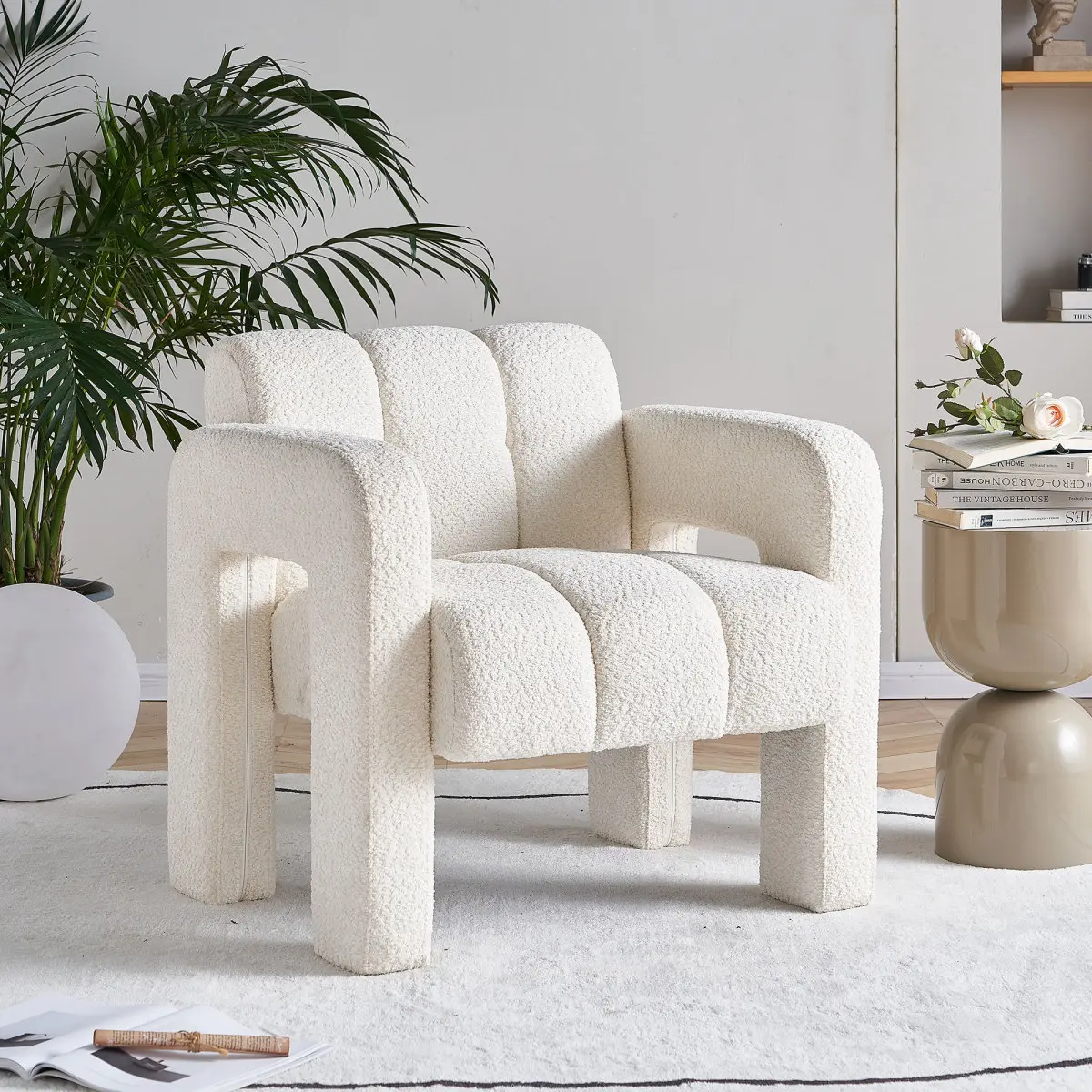 Modern Bouclé Fabric Upholstered Accent Chair, Fully Padded Comfy Single Armchair for Living Room, Bedroom Office, Beige, Fully Padded Chair
