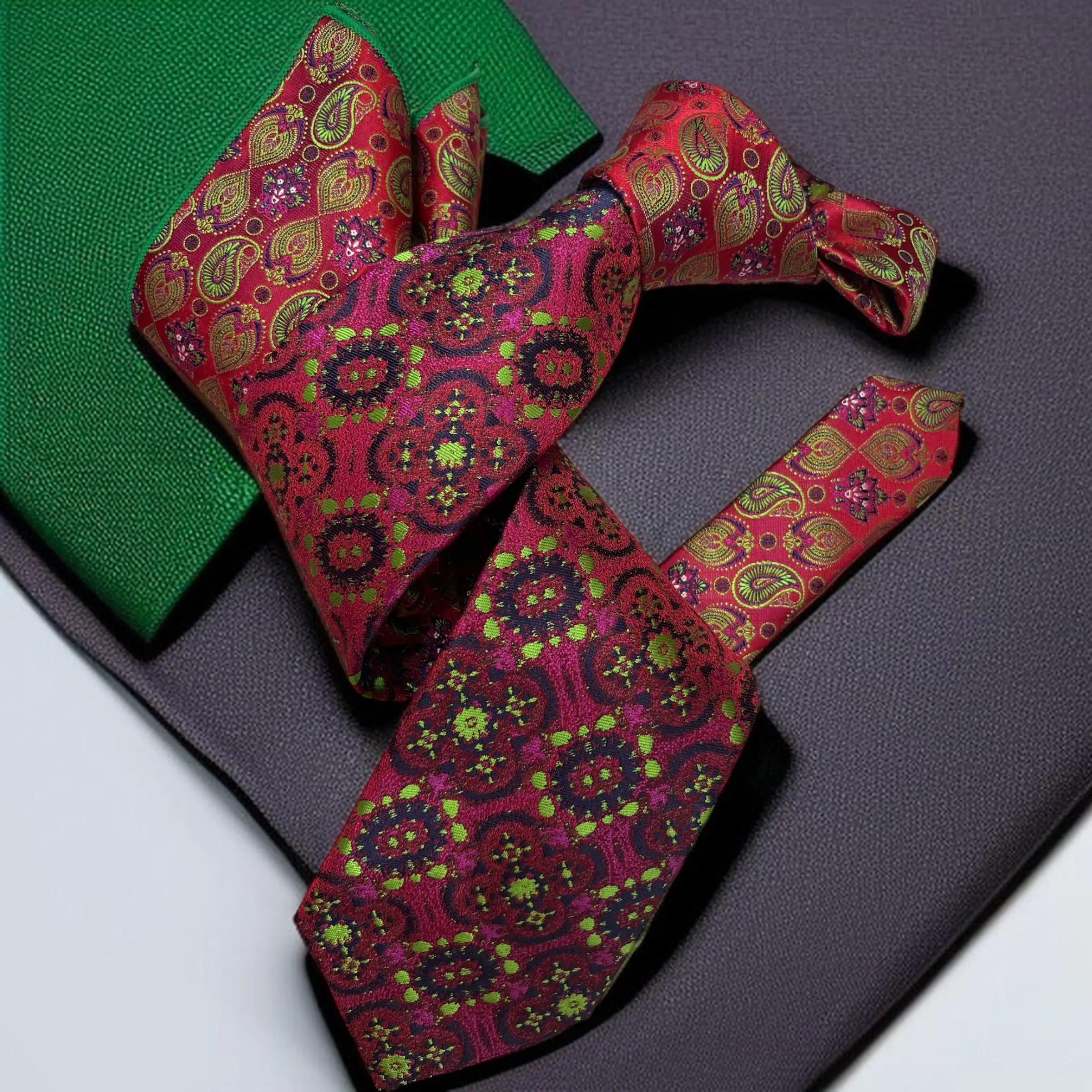 DMITRY 7-Fold Men's Red/Magenta (2 in 1) Patterned Italian Silk Tie & Pocket Square Set (Limited Edition)