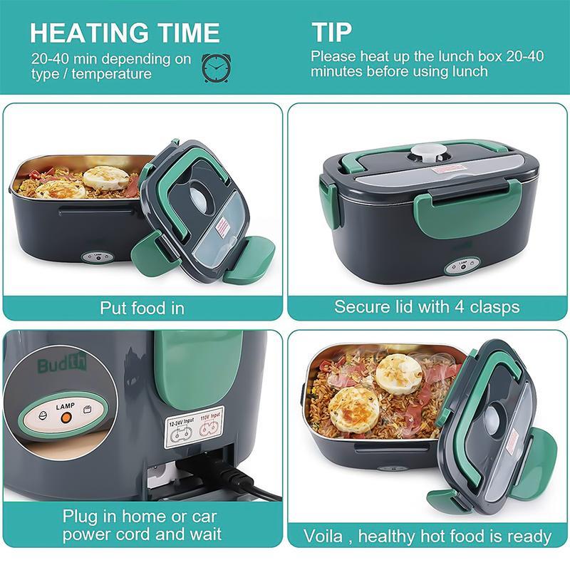 2-in-1  Lunch Box Heater for Car Truck Home Work Leak Proof 4 Removable Stainless Steel Containers 110V 12V 24V 60W Tableware Non-BPA Free Grey Plug-In Thermal Insulation  Lunch Box Electric Fast Heating Lunch Box Durable Plastic