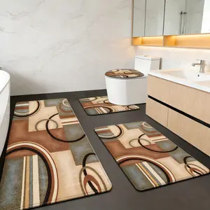 3-Piece/4-Piece Stylish Simple Khaki Geometric Pattern Bathroom Mat Set, Includes Toilet Seat Cover and Floor Mat, U-Shaped Non-Slip Foot Mat for Bathroom Decoration, Suitable for Laundry Rooms & Living Spaces
