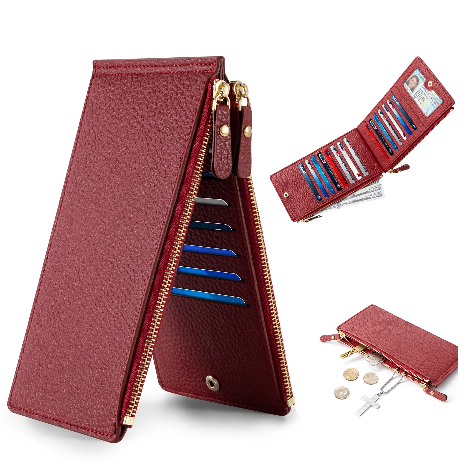 VTLASK Women's Cowhide Plain Basic Bifold Wallet - Anti-Theft Leather Card Holder, Hangable Compact Short Purse for Everyday Use