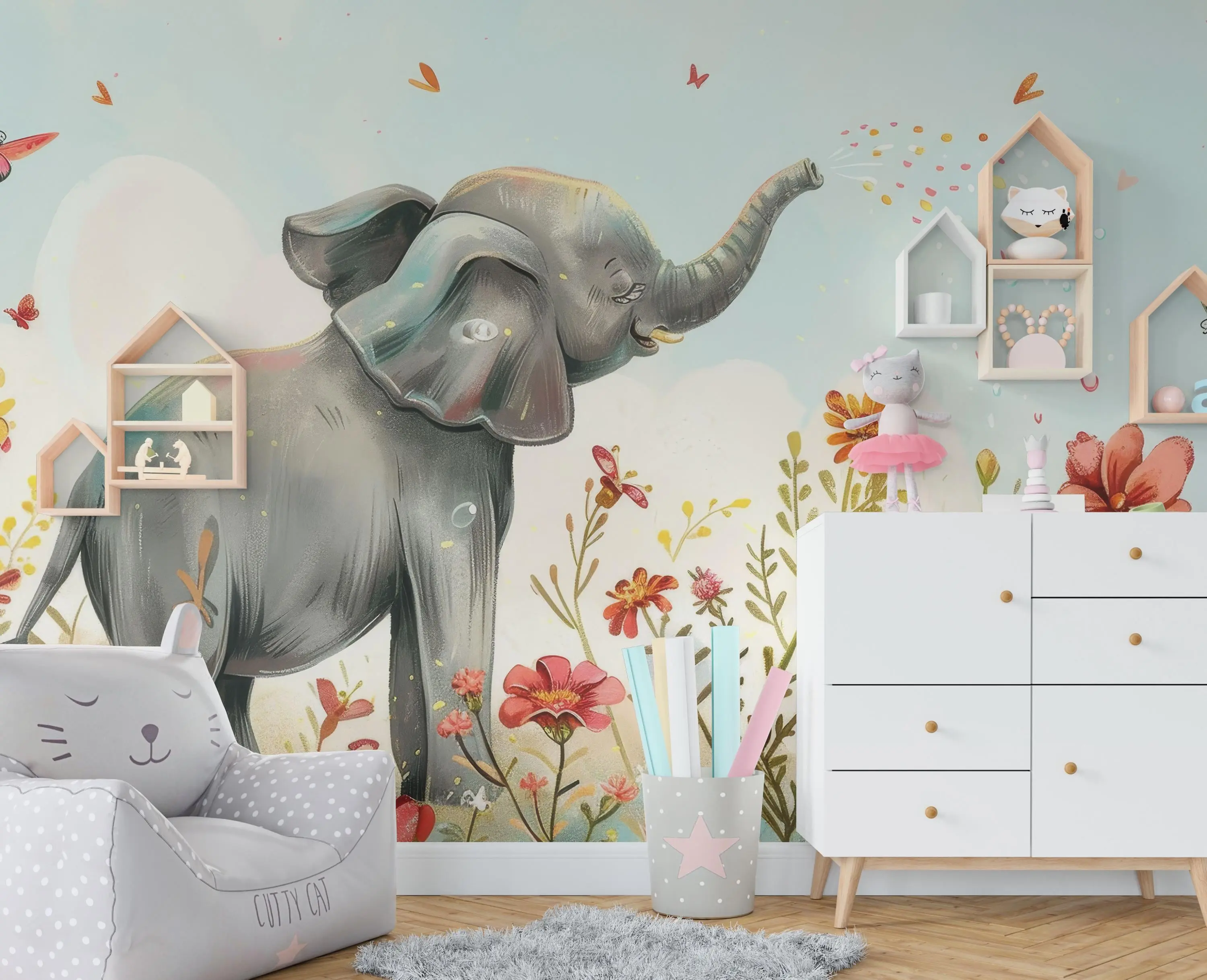 Whimsical Elephant Peel and Stick Wallpaper – Playful Nursery Mural with Flowers and Butterflies for Baby Room or Kids Wall Decor