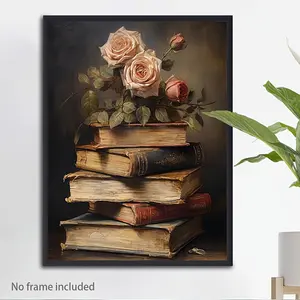 1pc Vintage Book & Rose Canvas Poster - Elegant Floral & Book Stack Wall Art in Soft Pink, Brown, Golden, Green, - Unframed Canvas Print For Living Room, Bedroom, Office, Cafe - Literary Decor Gift For Book Lovers - With Adhesive Strips