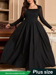 Plus Size Women's Fashionable Elegant Solid Color Waist-Curling Loose Dress, Comfortable & Stylish Design for Daily Wear Long Sleeve Dresses