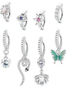8 Pcs Belly Button Bars Clicker Belly Bar for Women 14G Belly Button Rings Dangling Heart CZ Butterfly Opal Snake Belly Ring Silver/Gold/Rose Gold Navel Rings Body Piercing Jewellery