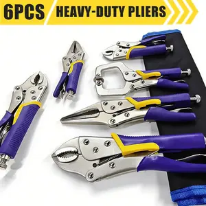 6-Piece Locking Pliers, Vice Grips Pliers Set, 5",7" & 10" Curved Jaw Locking Pliers, 6-1/2" & 9-1/2 Long Nose Locking Pliers, 6" Locking C-Clamp, Two-Color TPR Handle, Roll Up Pouch Included