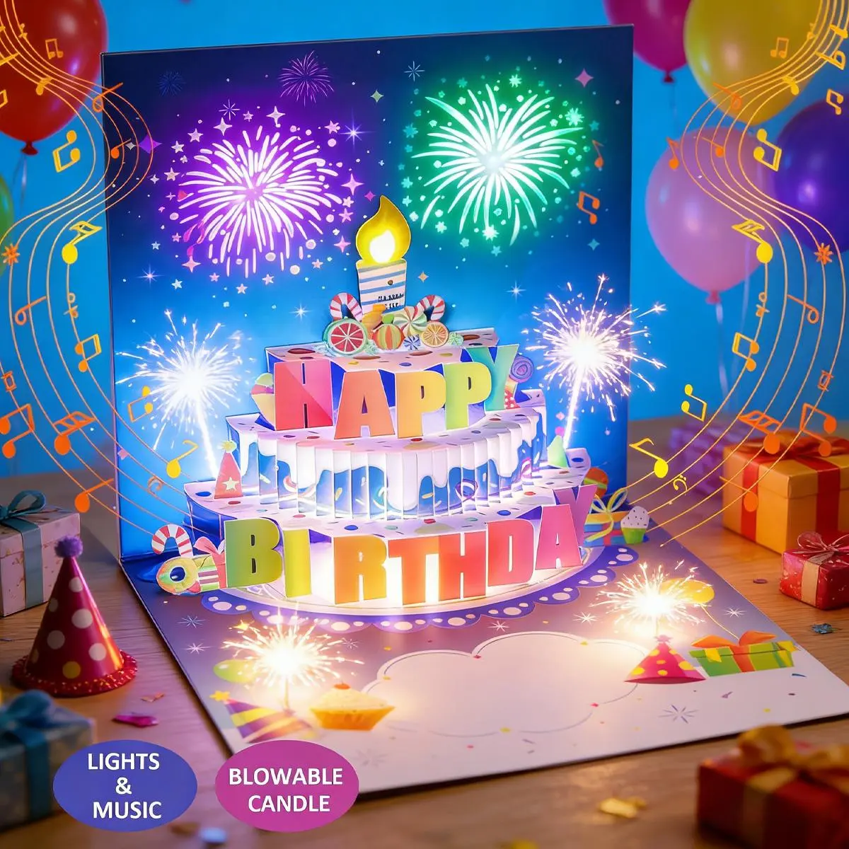 3D Pop-Up Birthday Card with LED Lights & Blowable Candle – Interactive Musical Greeting Card, Happy Birthday Song, Sound & Light Sync, No Assembly Required, 2026 Creative Birthday Gift for All Ages