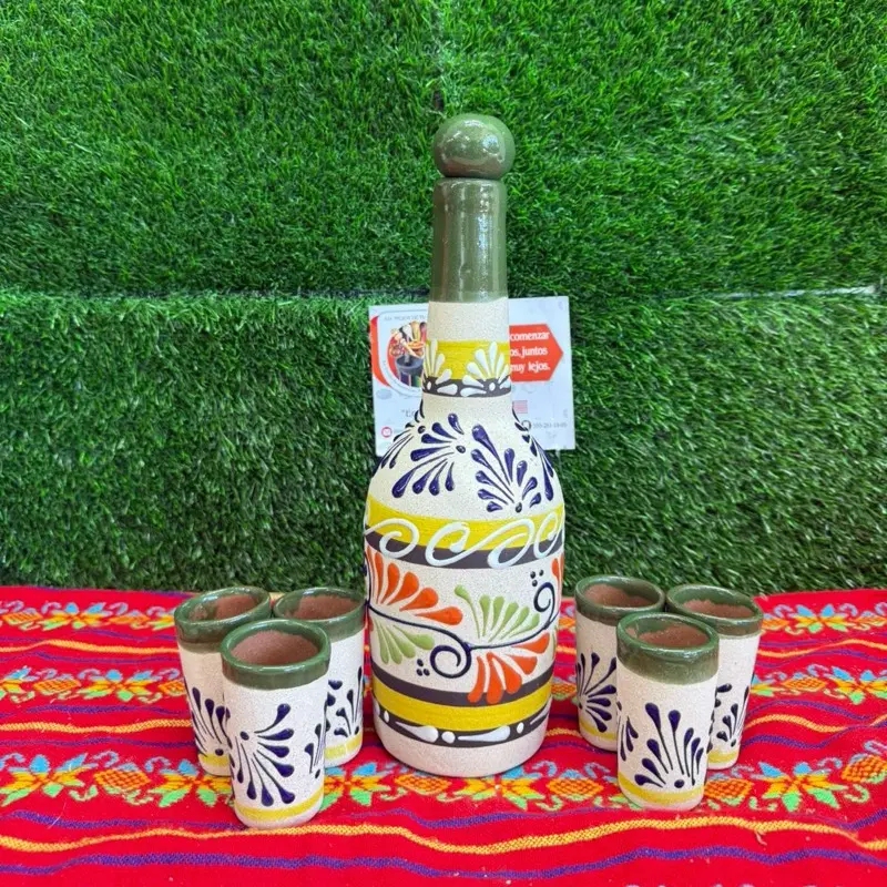 Tequilera Bottle Larga Shots of Engove Verde Pavo Amarillo Only Set.