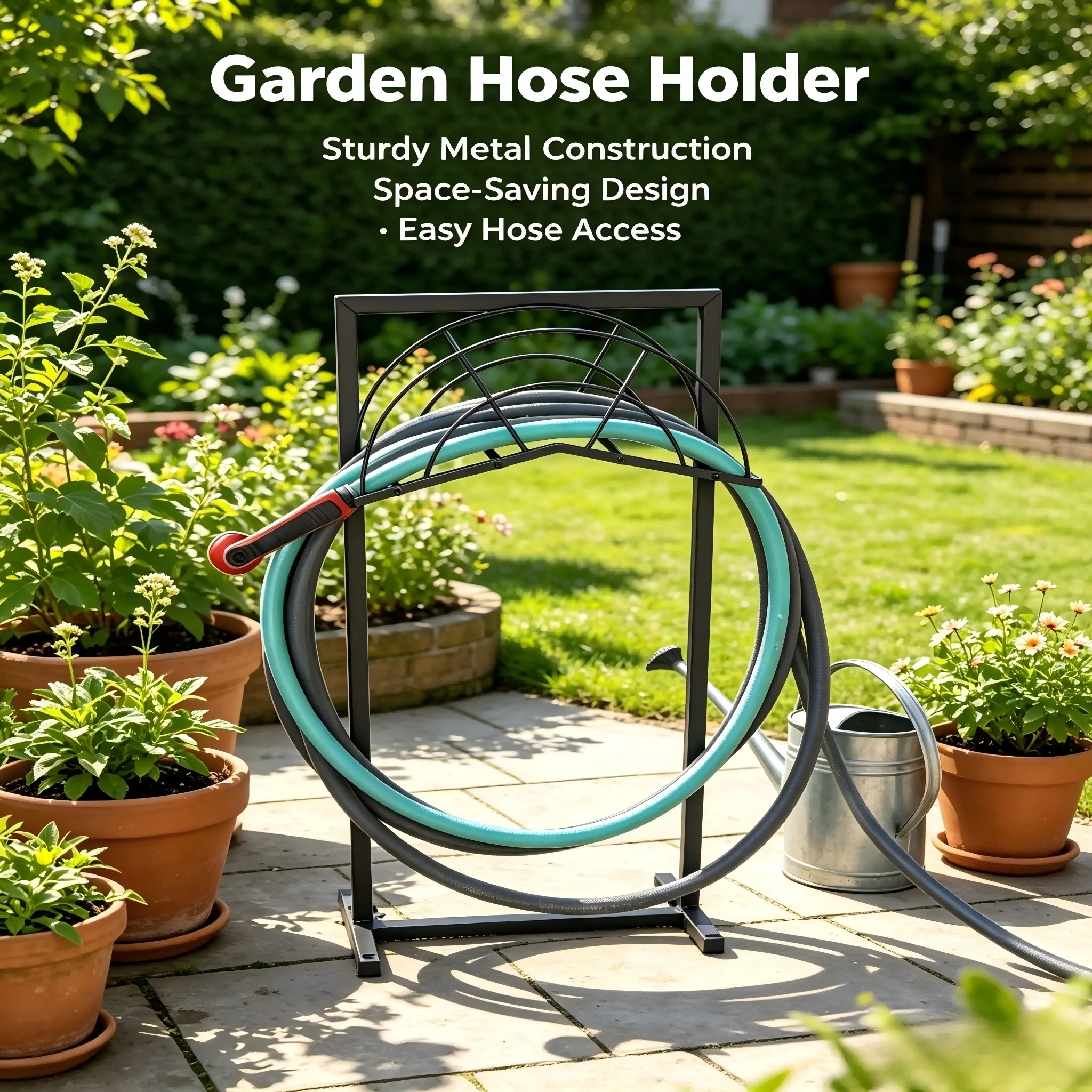 Heavy-Duty Metal Garden Hose Reel Stand - Outdoor Freestanding Storage Rack, Detachable, Anti-Rust, 2 Support Rods, 4 Fixing Points, Supports 150ft/150ft Capacity, Anti-Slip Spikes, Watering Attachment, Home Supplies, Ideal for Lawns & Flower Beds, 150 Fe