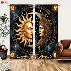 2D Flat Celestial Sun Moon Astrological 2-Piece Curtain Set with Zodiac Sun Symbols, Black Gold & Blue Nebula Design, Mystical Alchemical Tarot-Inspired Curtains for Bedroom Living Room Decor, Window Curtain