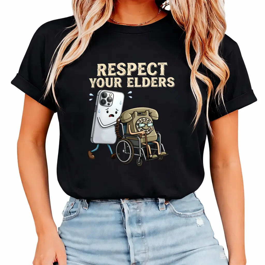Unisex Respect Your Elders Tech Graphic Crew Neck Tee, Soft Cotton Short Sleeve Streetwear Top, Retro Rotary Phone Smartphone Teddy Bear Gadget Evolution Humor T-Shirt Gift For Tech Lovers Sleeve T-Shirt festive