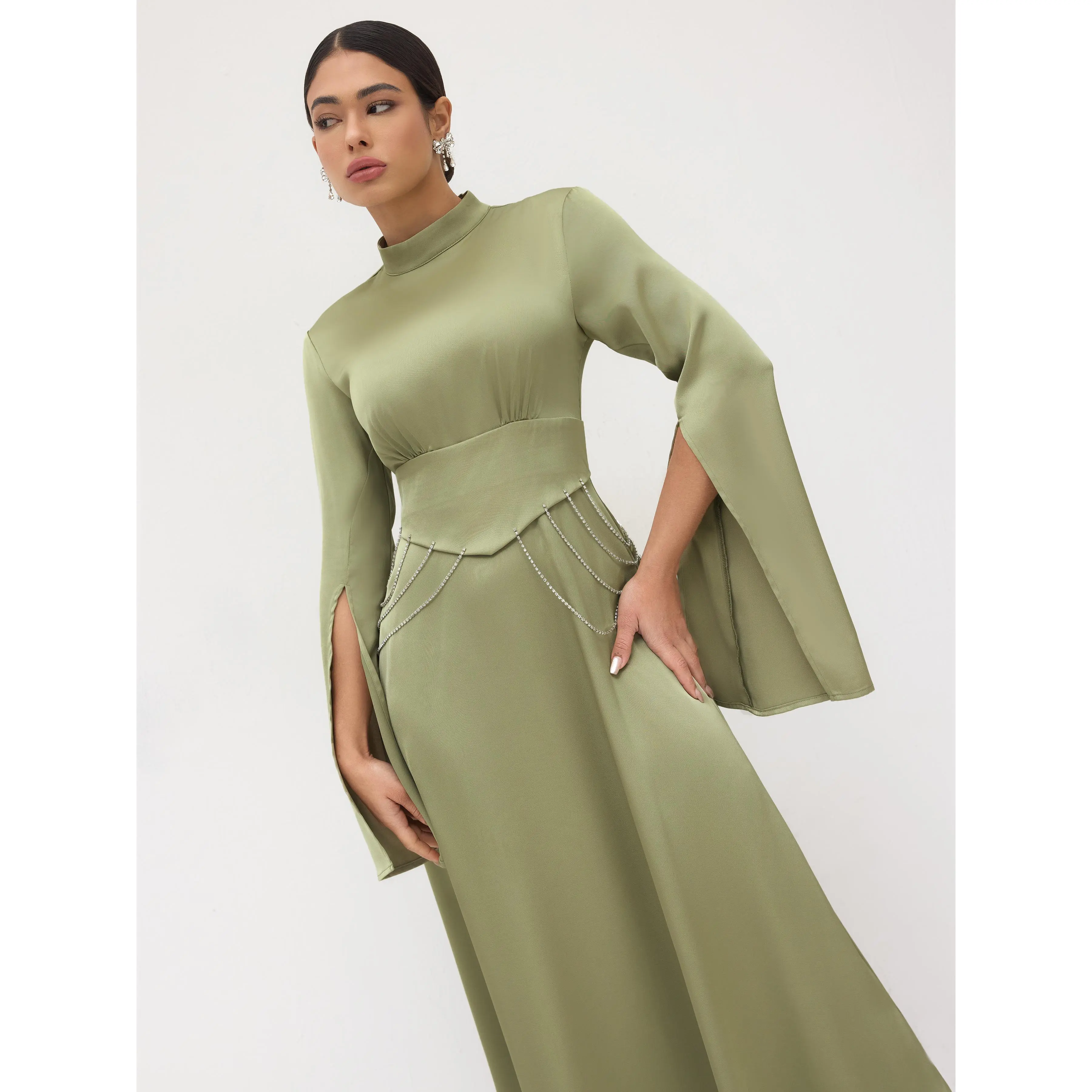 Cider Satin Stand Collar Rhinestone Chain Split Sleeve Maxi Dress - TikTok  Shop