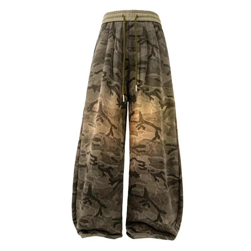 Men's Vintage Gradient Camo Pants, Full-Length Breathable Polyester Athletic Joggers with Dual Contrast Drawstrings and Side Pockets, Loose-Fit, Hip Hop Sports, Casual Wear, Long Pants, Camouflage, Daily Outdoor Leisure, Polyester Clothes, Sporty Chic