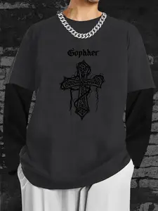 Gothic Geometric Print Loose Fit Long Sleeve Round Neck T-Shirt, Fashion Street Style Streetwear Casual Top, Comfortable Trendy Gift for Men & Women