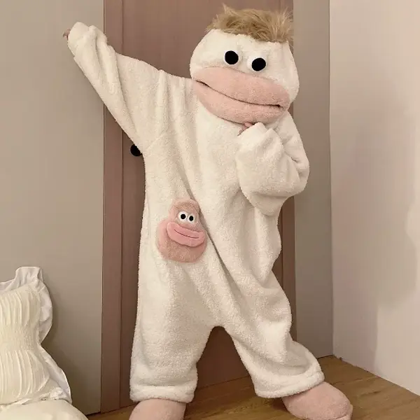 Cartoon Big Mouth Monster Cute Funny Onesie Pajamas Thickened Coral Fleece Homewear For Couples Men Women Autumn Winter Pajamas