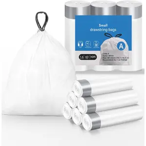 Drawstring Trash Bags 60 Count, Pre-Cut 1.6 Gallon Small Garbage Bags, Fit 1.2-1.8 Gallon Trash Bin for Home, Office, Bathroom (Code A)