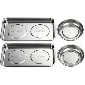 HORUSDY 4-Piece Large Magnetic Parts Tray Set, Stainless Steel Heavy Duty 9.5" W x 5.5''L Square and 4.5" Round Magnetic Trays Tools Parts Tray