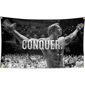 Arnold Schwarzenegger Conquer Motivational Inspirational Office Gym Wall Decor Flag Banner,3x5 Feet Flag Funny Poster Durable Man Cave Wall Flag Decoration Size