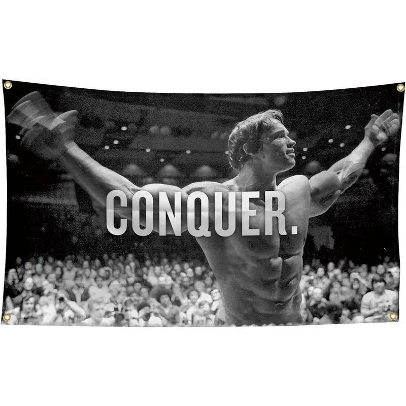 Arnold Schwarzenegger Conquer Motivational Wall Decor Flag Banner - Durable Tapestry by Summerwins, Home Decoration for Office Gym, Pool Room with Customizable Size Options