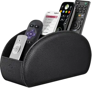 Remote Control Holder, 5 Compartments Vegan Leather TV Remoter Caddy Desktop Organizer Makeup Brush Holder Storage Fits TV Remotes, Media Controllers, Office Supplies(Black)